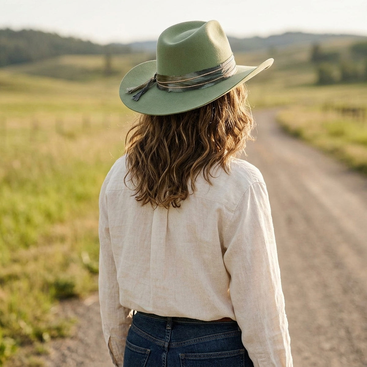 Sage Green Felt Cowboy Hat with Layered Chain and Feather Band