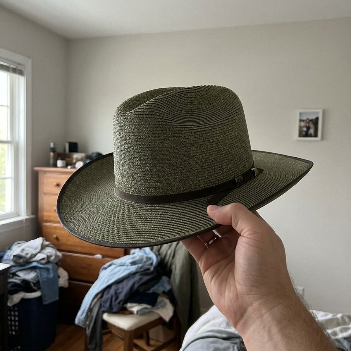 Olive Green Panama Hat in Straw with Bound Edge Detail