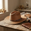 Copper Tan Straw Fedora with Woven Patterned Band, Southwestern Boho