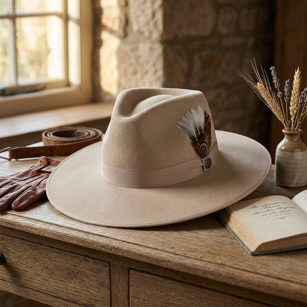 Cream Wide Brim Wool Felt Hat with Feather and Ribbon Band