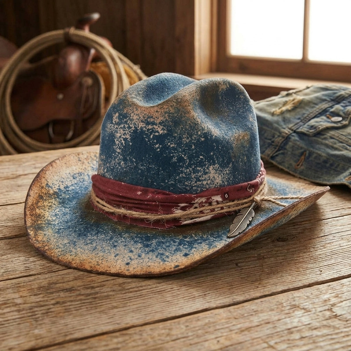 Distressed Blue Cowboy Hat with Feather Charm and Bandana Band