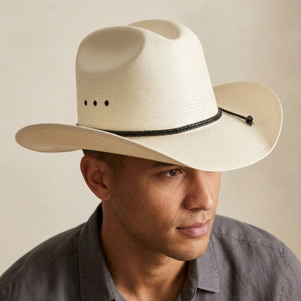 Unisex White Straw Cowboy Hat with Braided Band and Knot Detail