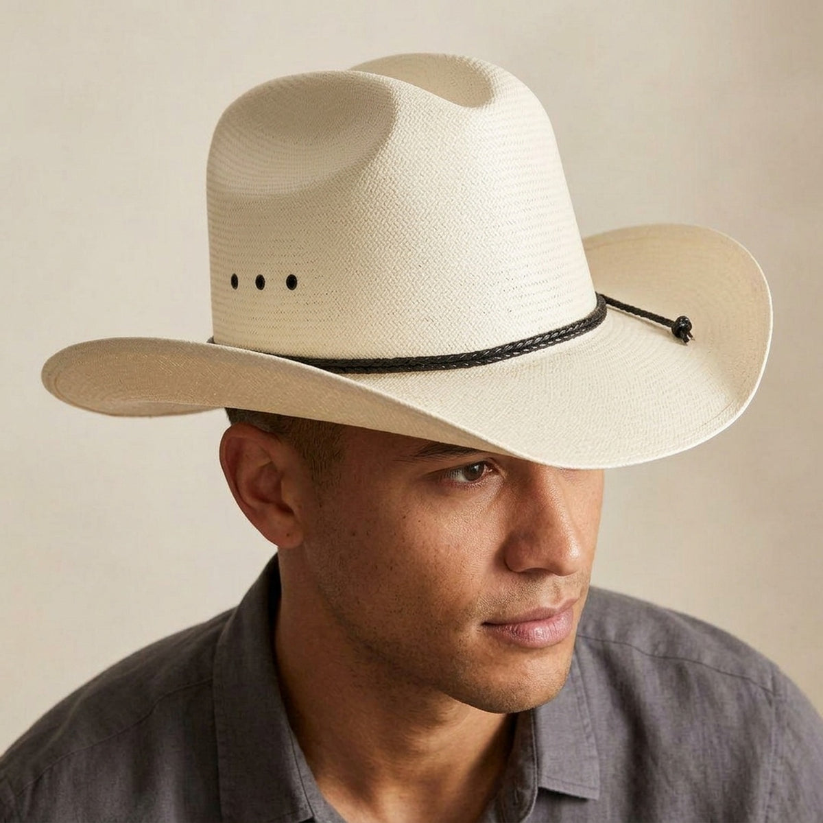 Unisex White Straw Cowboy Hat with Braided Band and Knot Detail