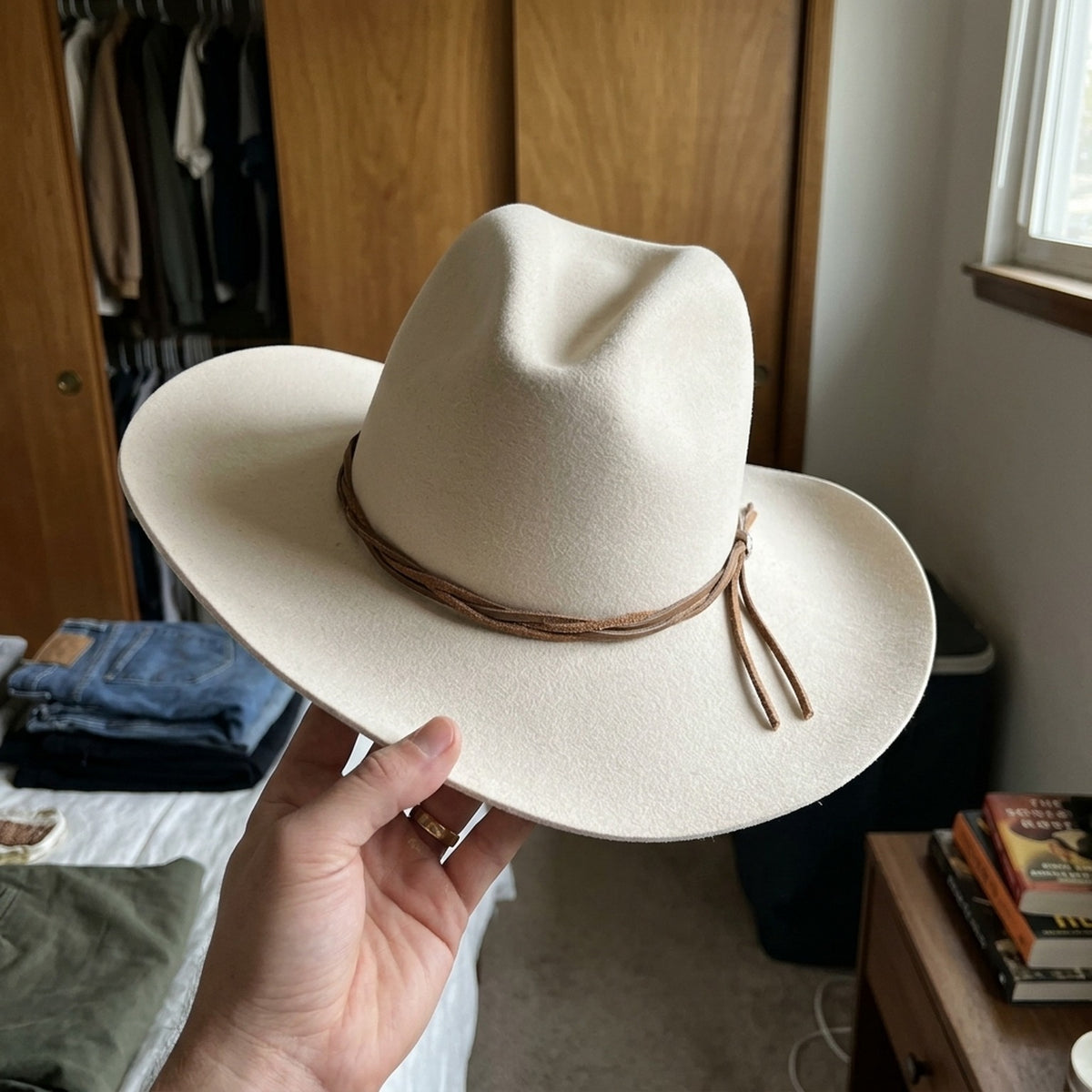 Off-White Wool Felt Cowboy Hat with Braided Cord Band
