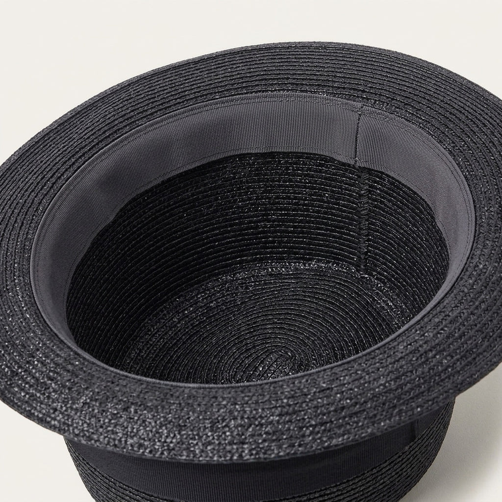 Black Straw Pork Pie Hat with Wide Brim and Flat Crown