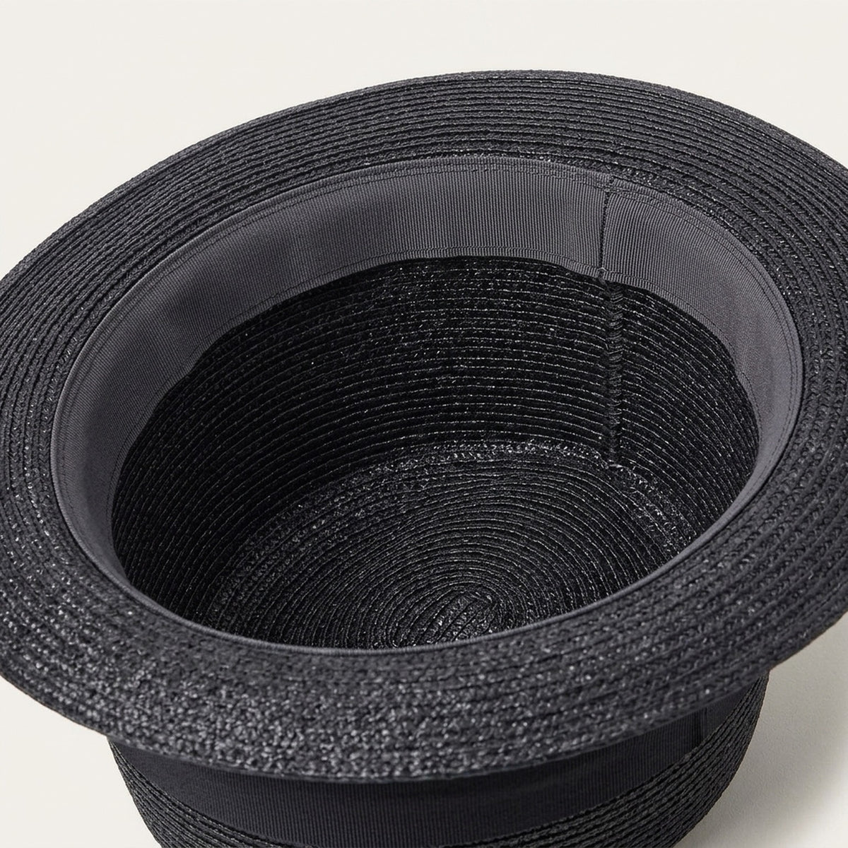 Black Straw Pork Pie Hat with Wide Brim and Flat Crown