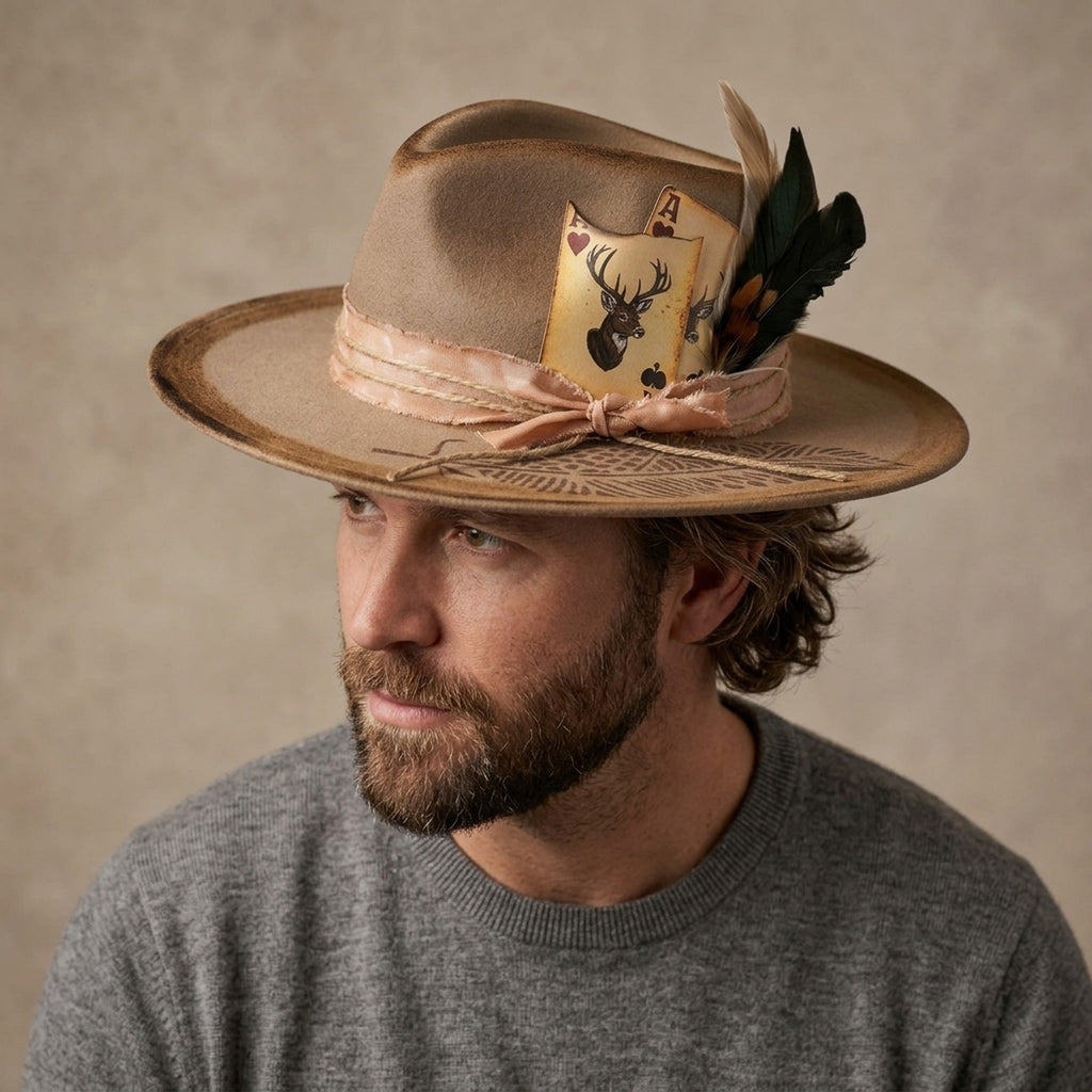 Tan Felt Western Hat With Playing Cards Feathers And Etched Brim