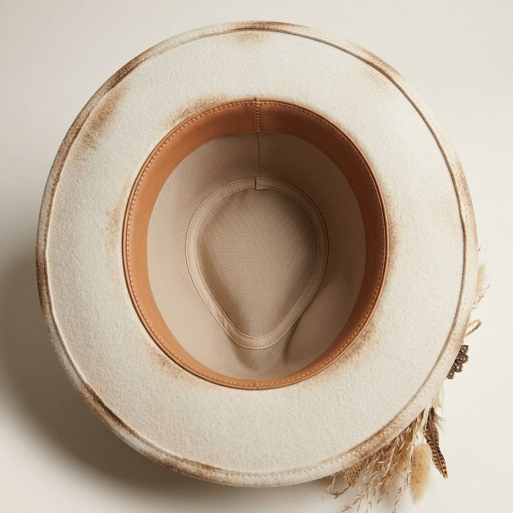 Cream Distressed Felt Fedora with Paisley Band Dried Plumes