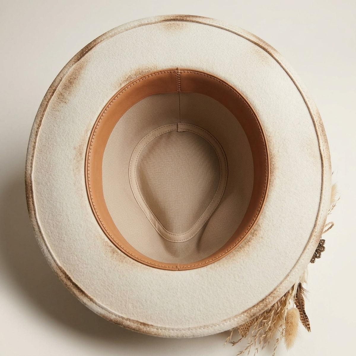 Cream Distressed Felt Fedora with Paisley Band Dried Plumes