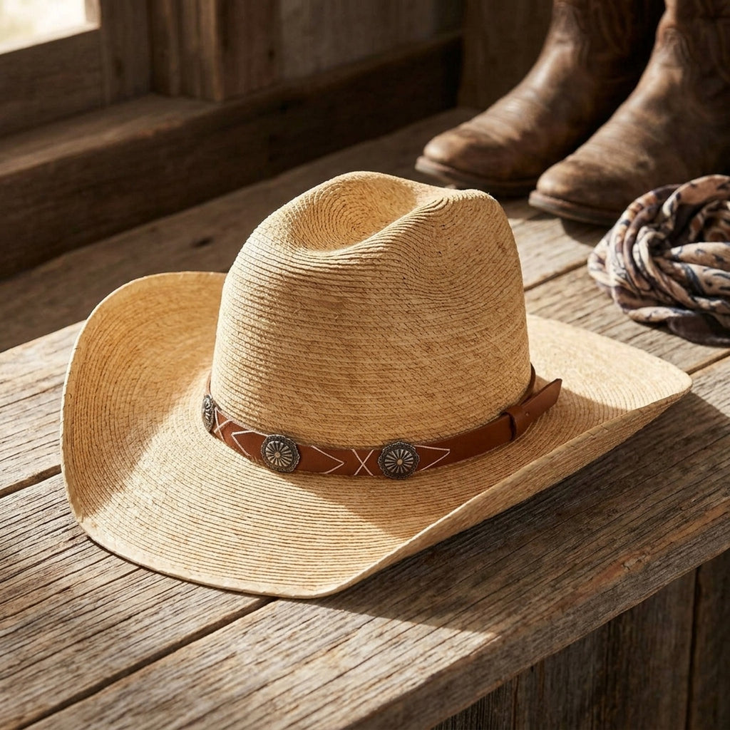 Natural Straw Cowboy Hat with Silver Concho Studded Band