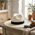Cream Straw Fedora Hat with Black Grosgrain Band and Pinch Crown
