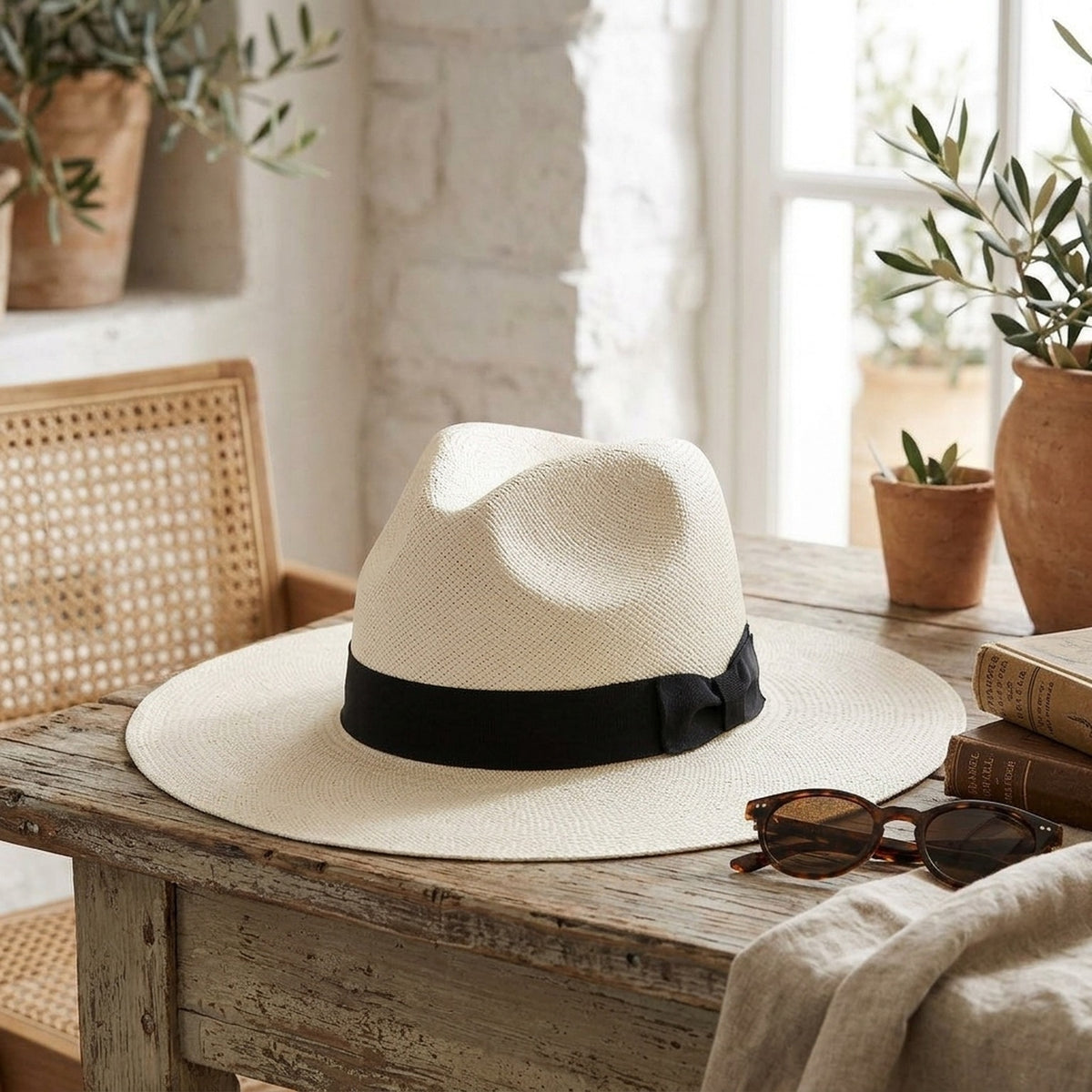 Cream Straw Fedora Hat with Black Grosgrain Band and Pinch Crown