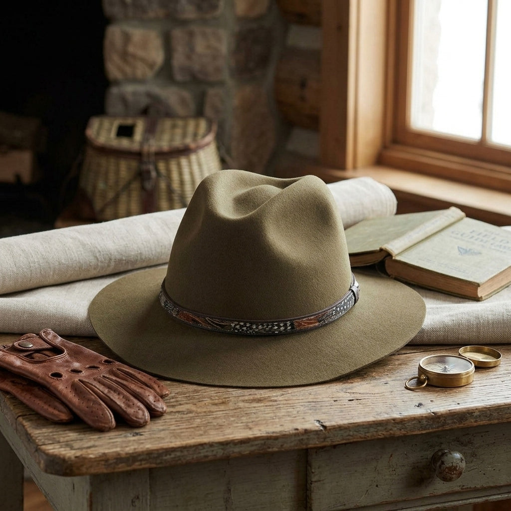 Olive Wool Felt Fedora with Textured Leather Band and Feather Trim