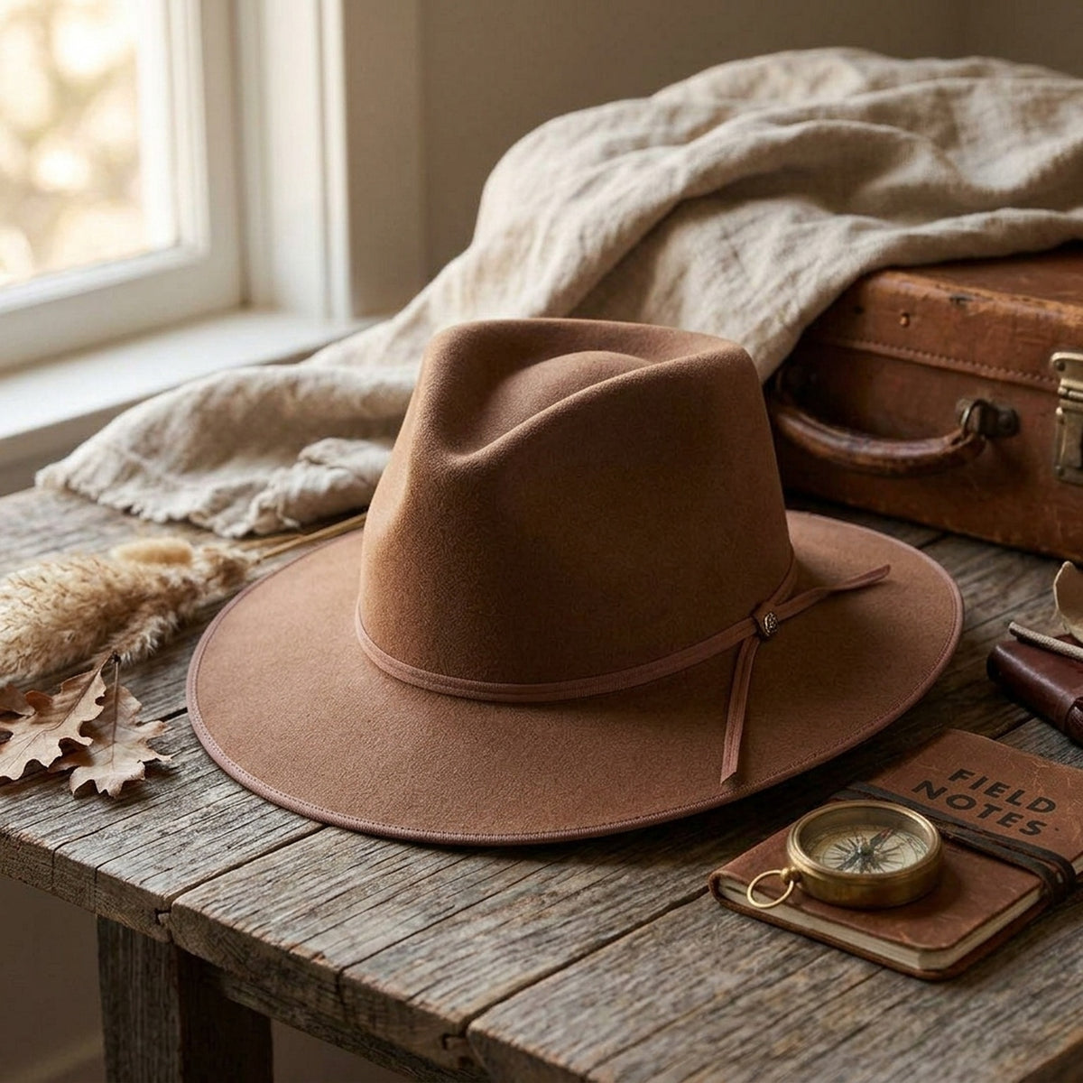 Unisex Camel Wool Felt Fedora Hat with Matching Band