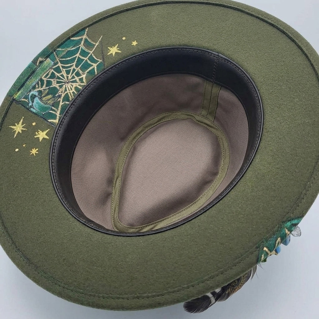 Olive Green Mystical Fedora with Tarot Art, Charms and Feathers