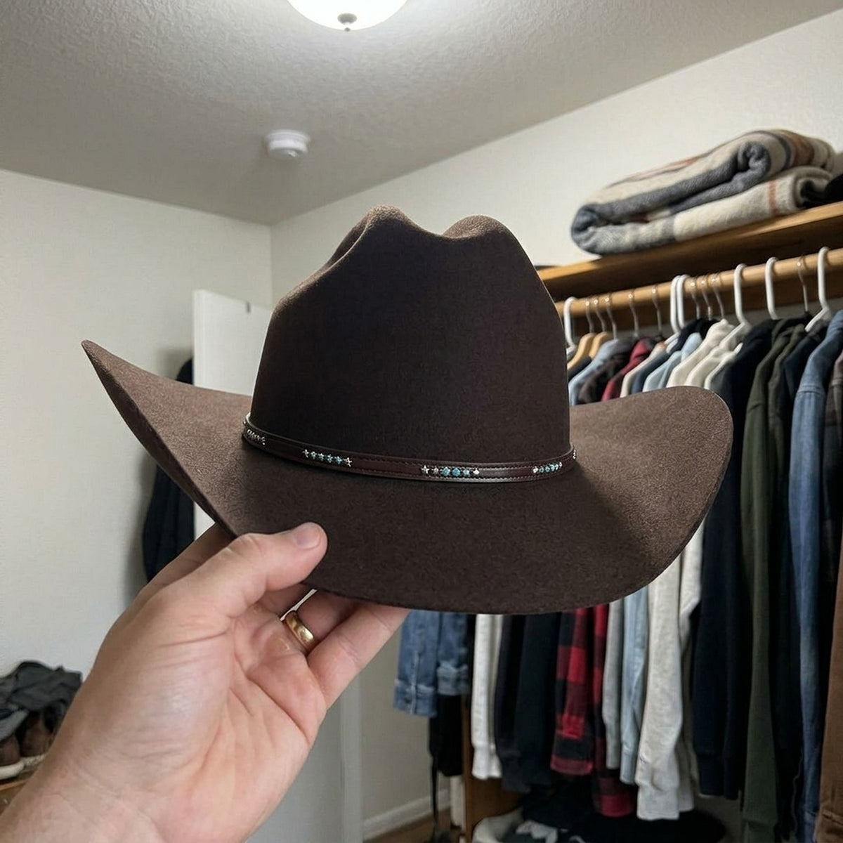 Dark Brown Felt Cowboy Hat with Rhinestone Embellished Band