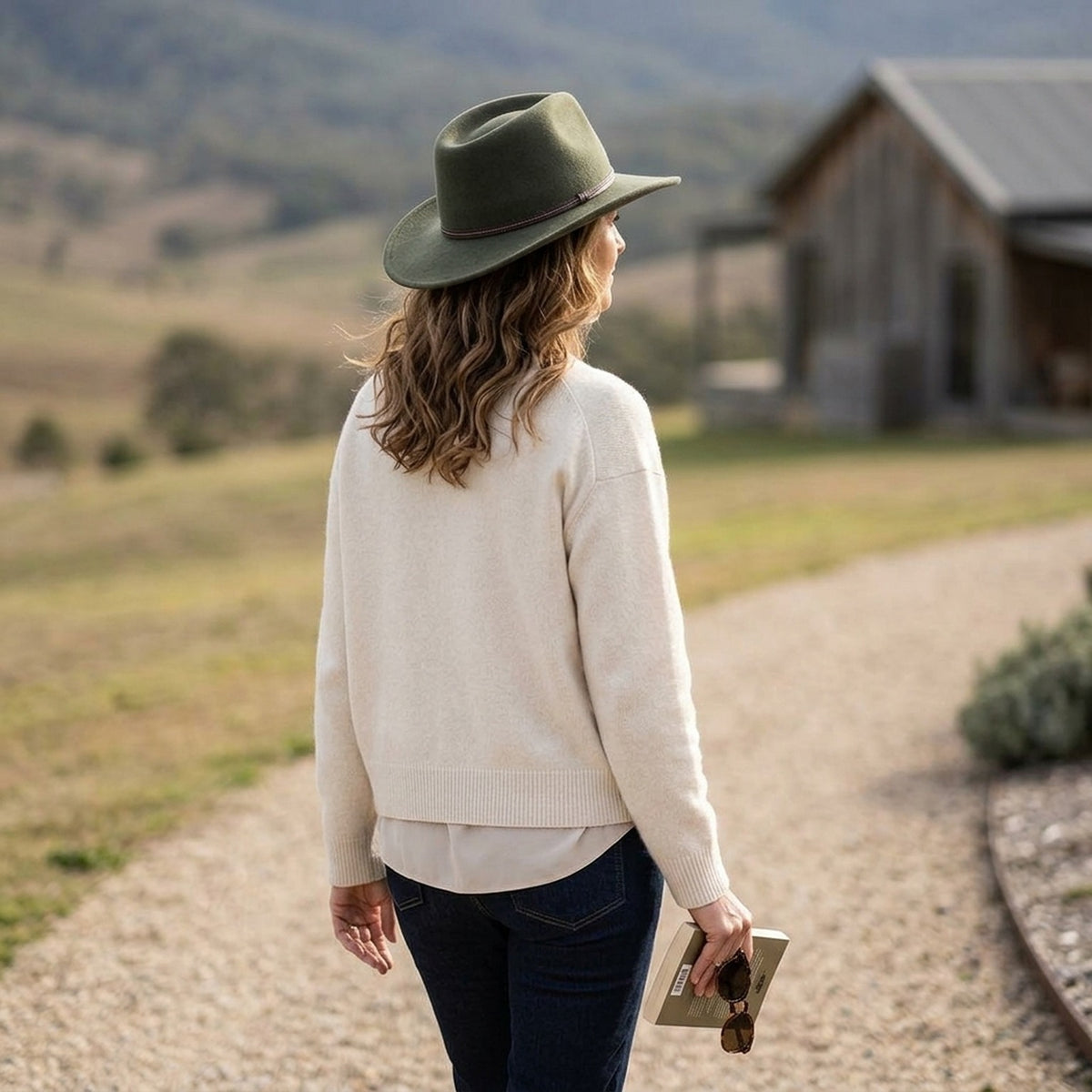 Olive Green Western Felt Hat with Stitched Leather Band