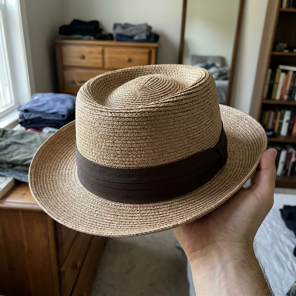 Brown Straw Fedora Hat with Open Weave Crown and Wide Band