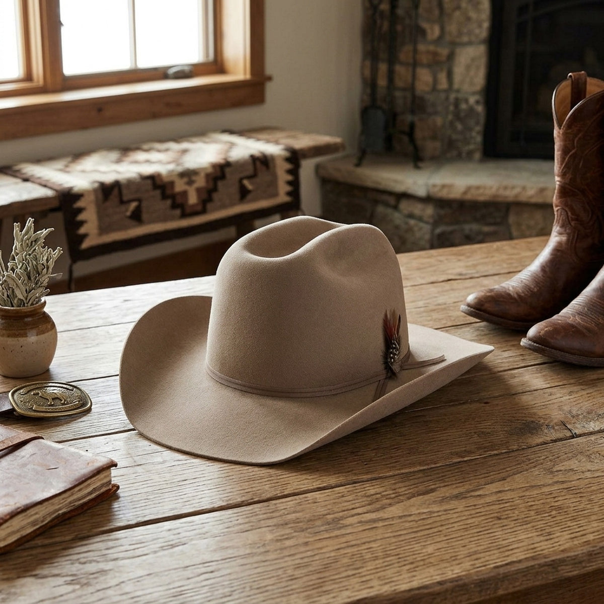 Beige Wool Felt Cowboy Hat with Feather Accent