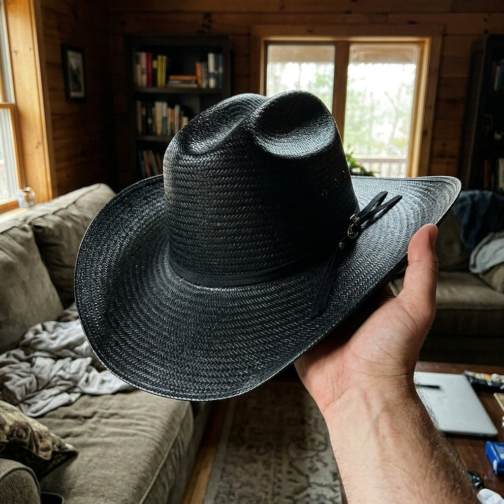 Black Straw Western Hat with Vented Crown and Ribbon Tie