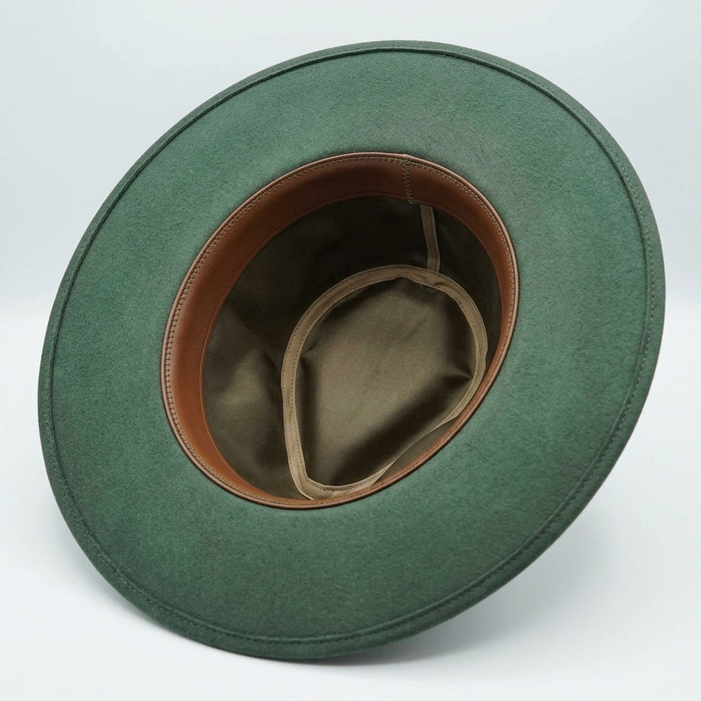 Vintage Green Velvet Wide Brim Fedora Feather Brass Medallion