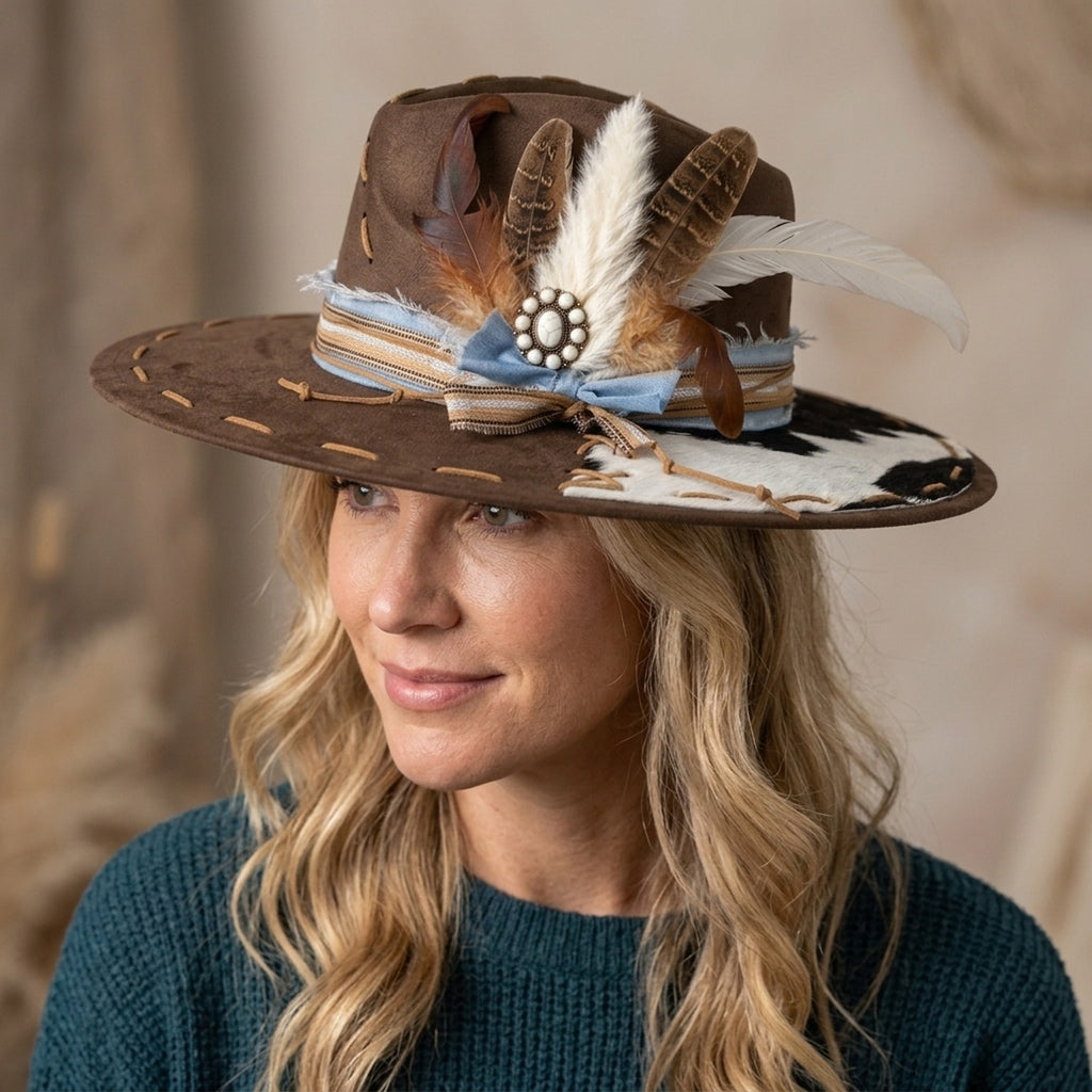 Brown Western Fedora with Cowhide Patch and Pearl Concho Detail
