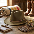 Tan Felt Fedora Hat with Leather Trim Band and Classic Pinch