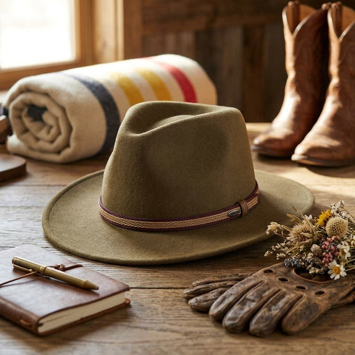 Tan Felt Fedora Hat with Leather Trim Band and Classic Pinch