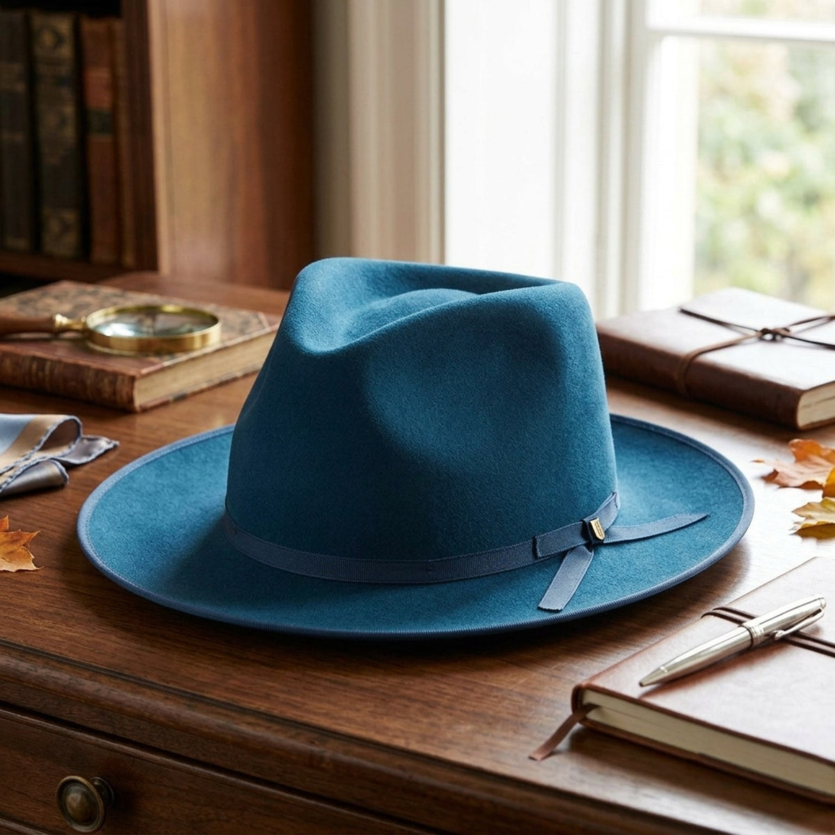 Navy Blue Felt Fedora Hat with Grosgrain Band - Classic