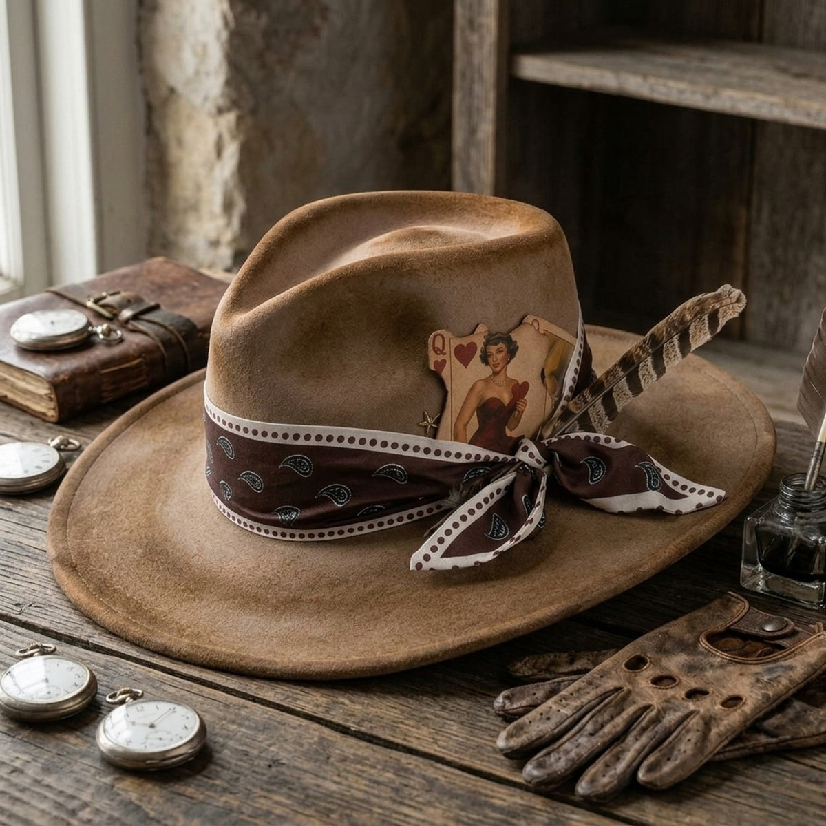 Taupe Felt Fedora With Paisley Band Playing Cards And Star Charm