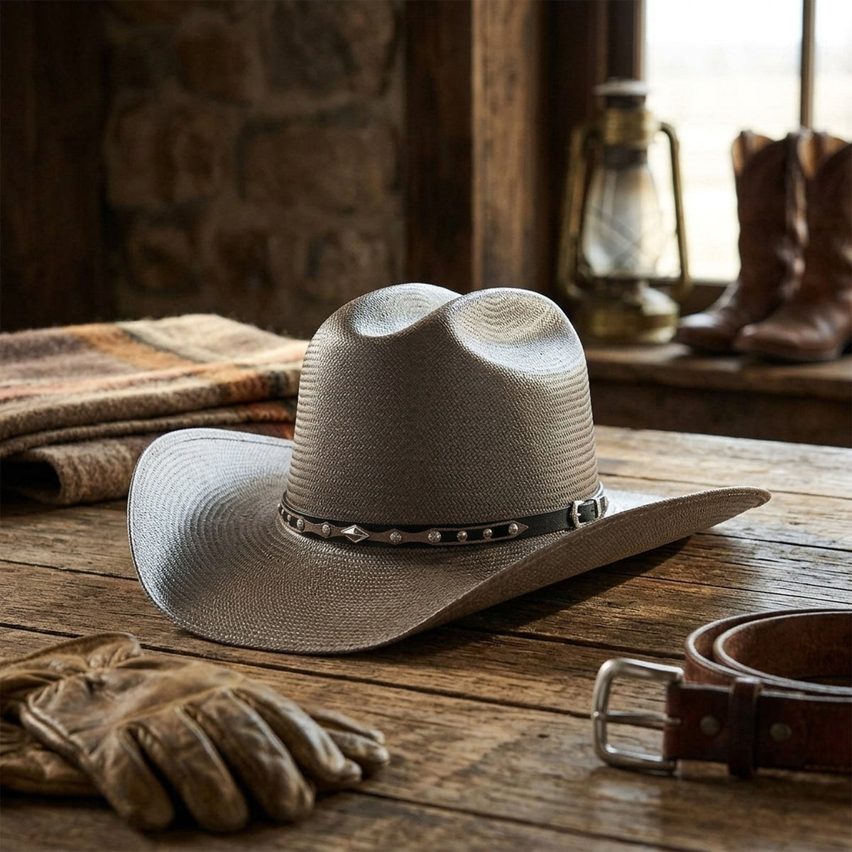 Silver Grey Straw Western Hat with Studded Decorative Band