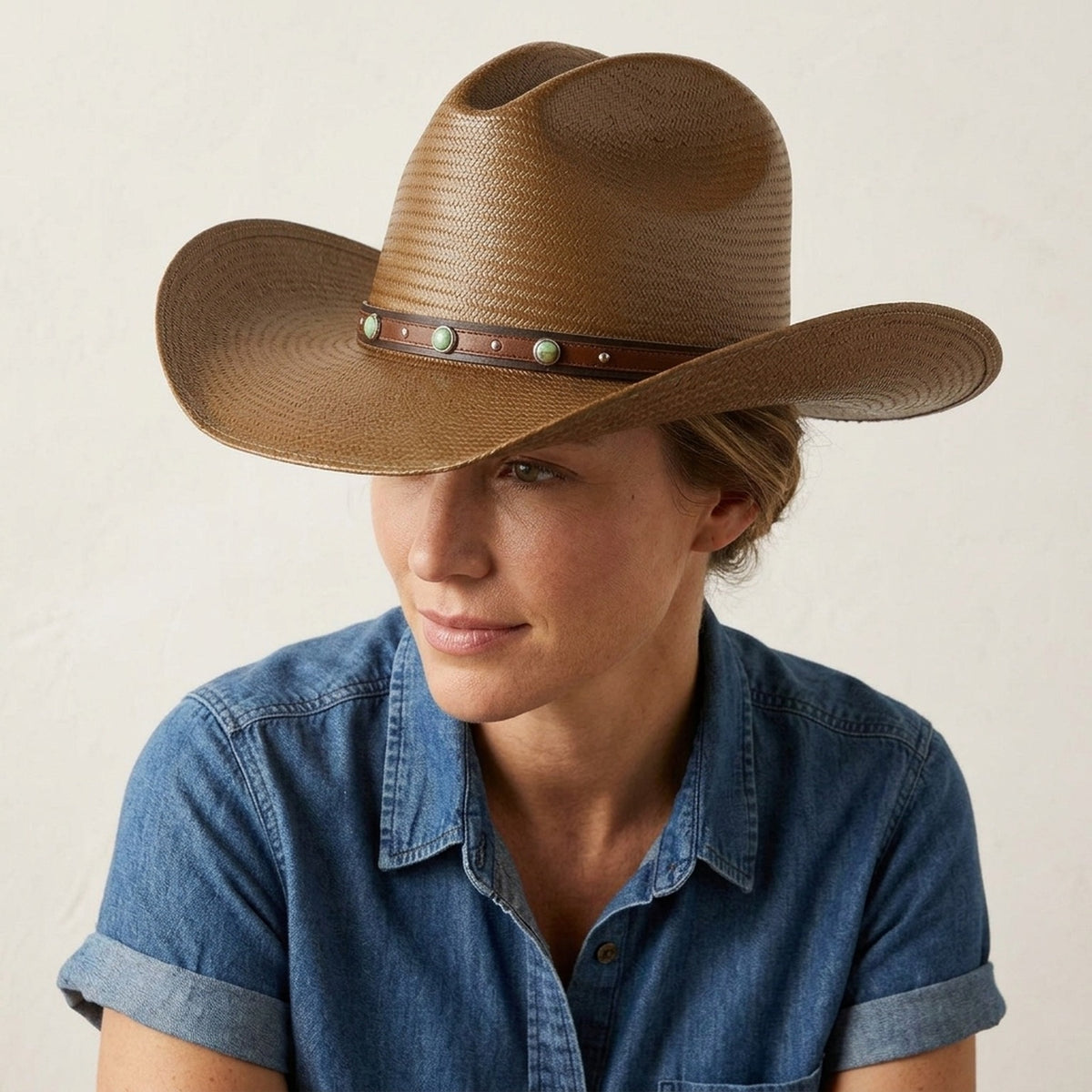 Brown Straw Western Hat with Turquoise Studded Leather Band