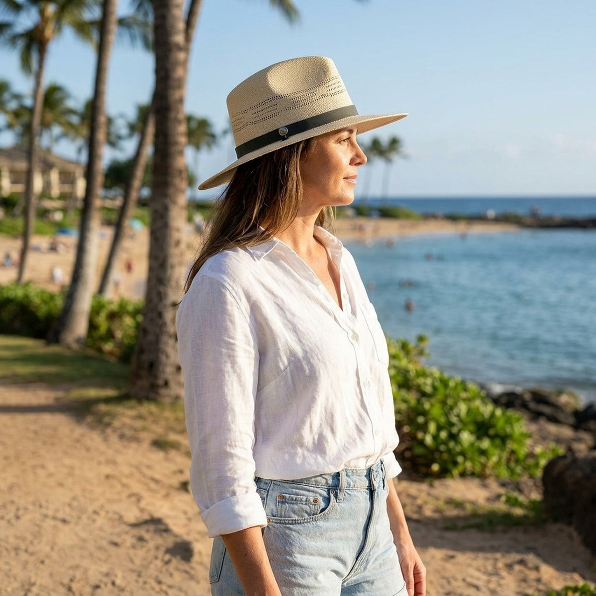 Beige Cut-Out Straw Sun Hat with Leather Band and Tassels
