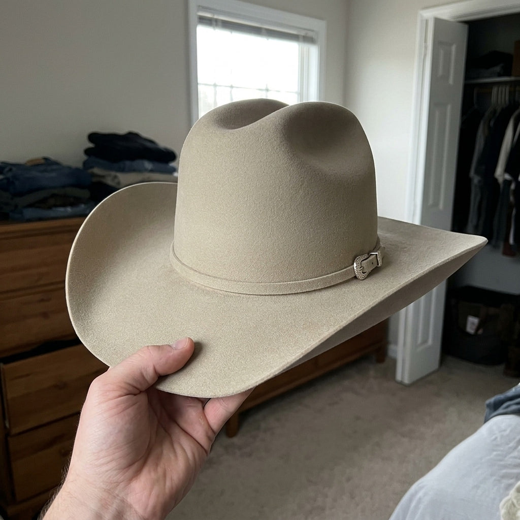 Camel Felt Cowboy Hat with Pinched Crown and Curved Brim
