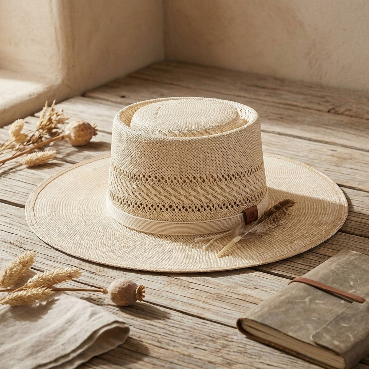 Natural Boater Straw Hat with Vented Crown and Feather
