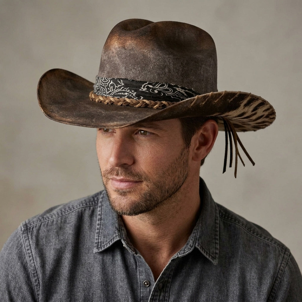 Distressed Gray Cowboy Hat with Cow Print Brim and Bandana Band