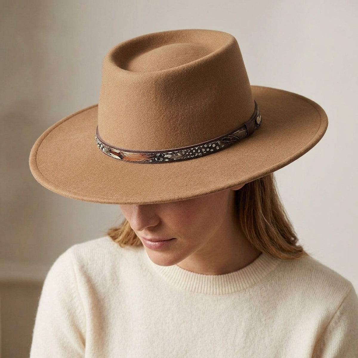 Tan Wide Brim Felt Hat with Patterned Leather Band Unisex