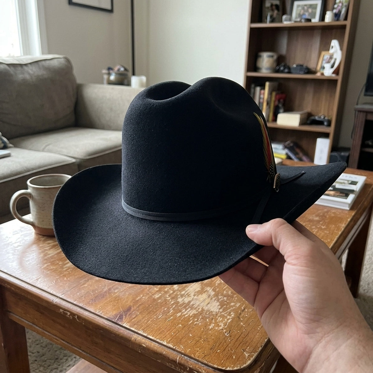 Black Felt Western Cowboy Hat with Feather Accent, Wide Flat Brim