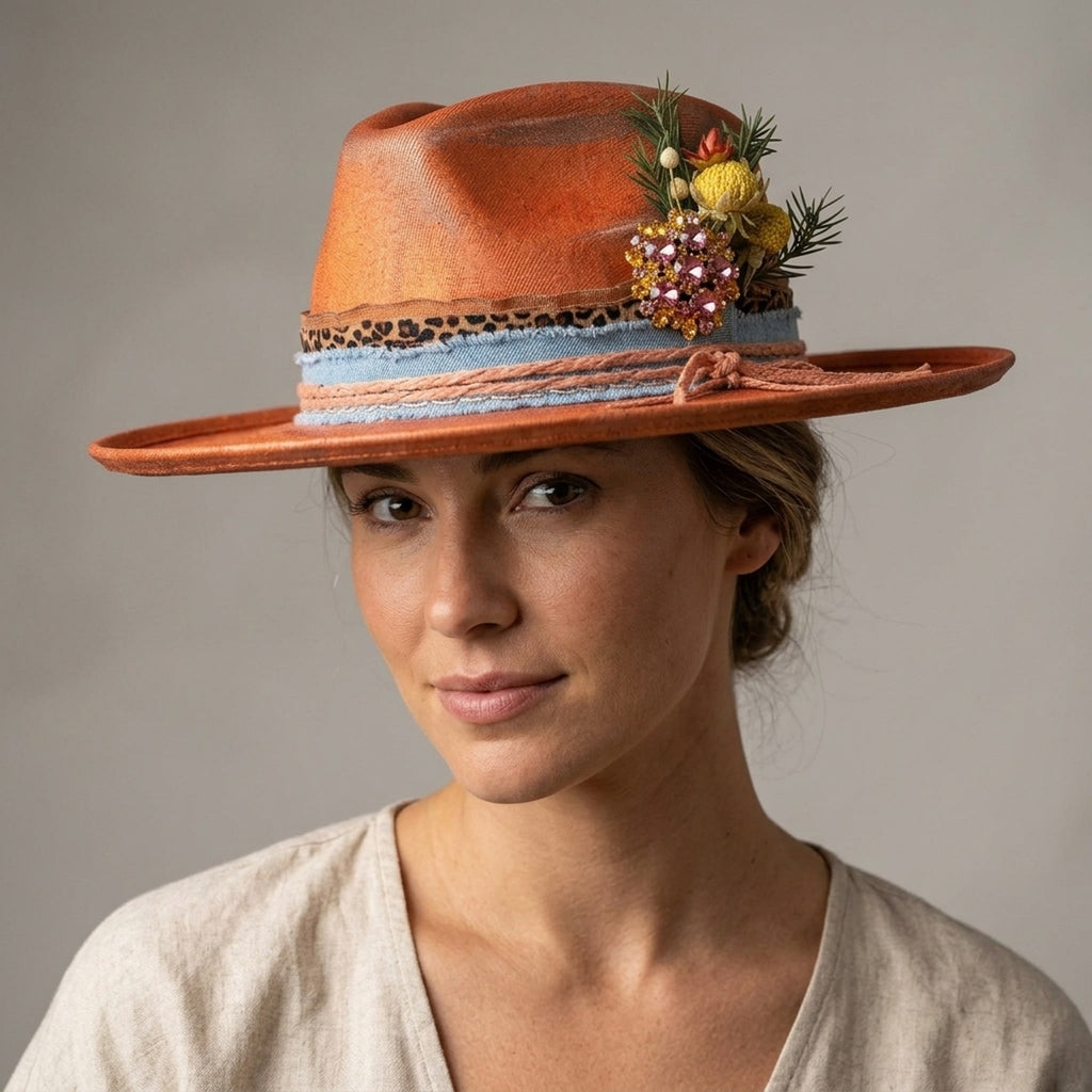 Rust Orange Felt Fedora Denim Burlap Layer Jeweled Brooch