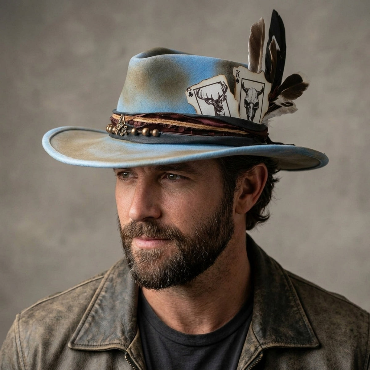 Sky Blue Distressed Western Hat With Skull Cards And Leather Straps