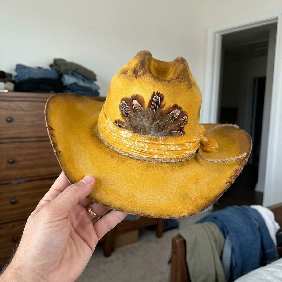 Mustard Felt Cowboy Hat with Paisley Band and Feather