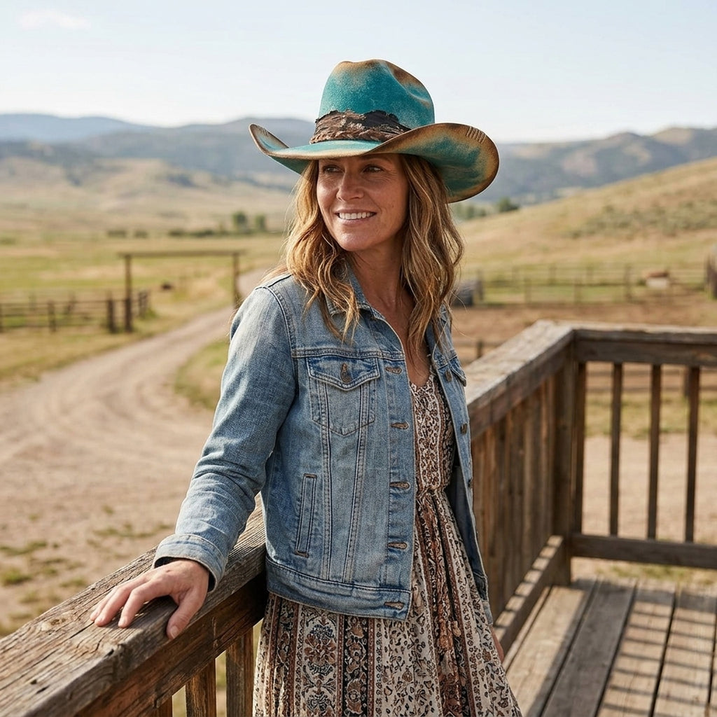 Turquoise Cowboy Hat with Braided Band and White Stitching