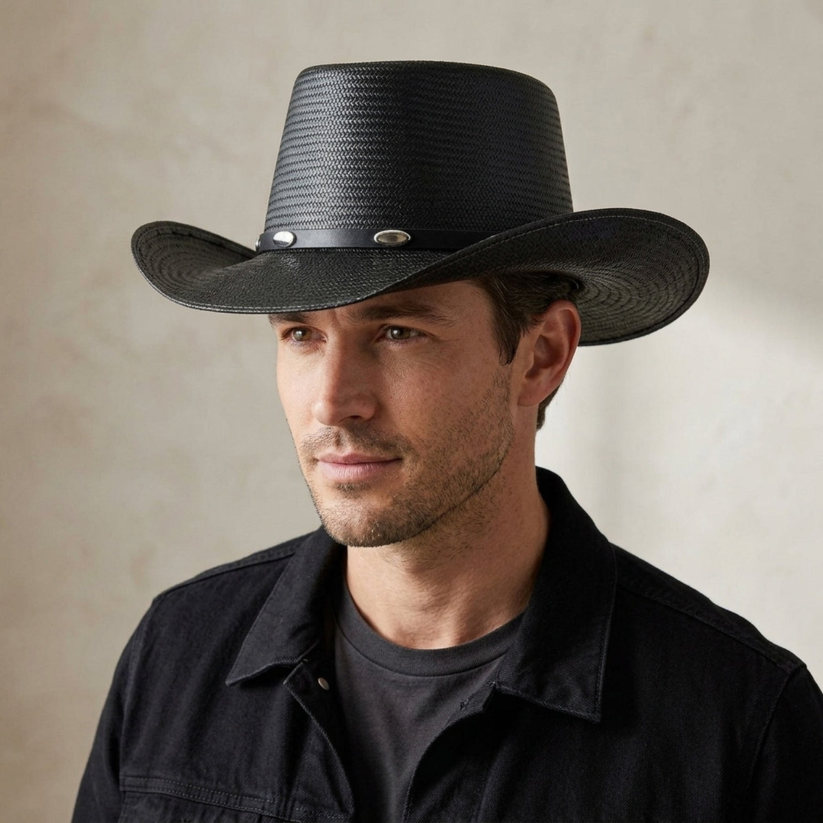 Black Straw Western Hat with Silver Conchos and Brim