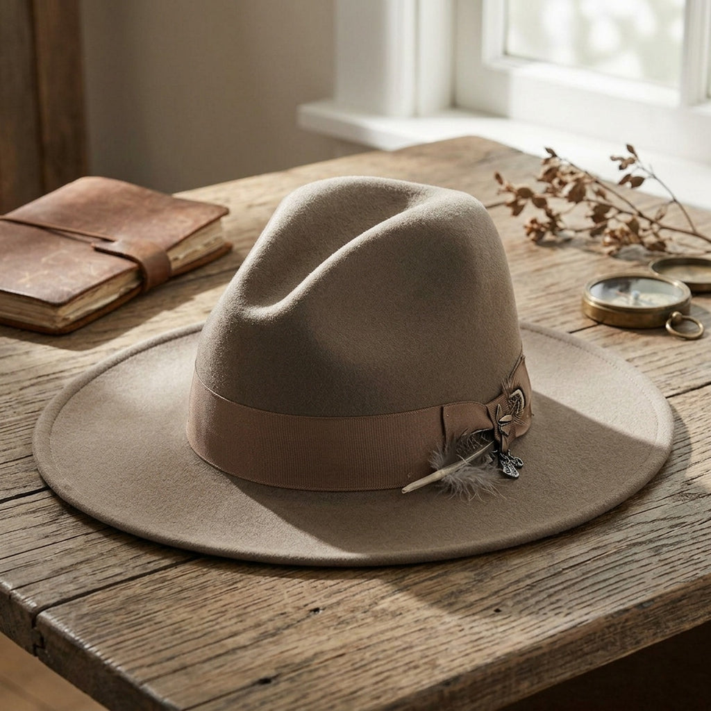 Taupe Wool Felt Fedora Hat with Subtle Feather Detail