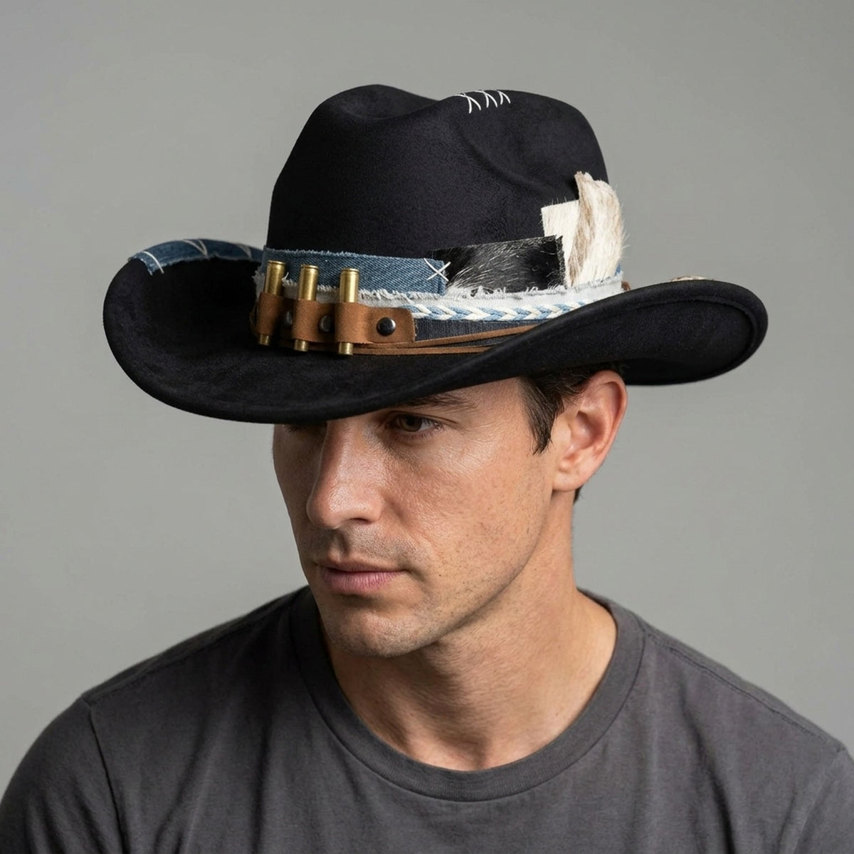 Black Cowboy Hat with Bullet Band, Denim Patch and Rope Detail