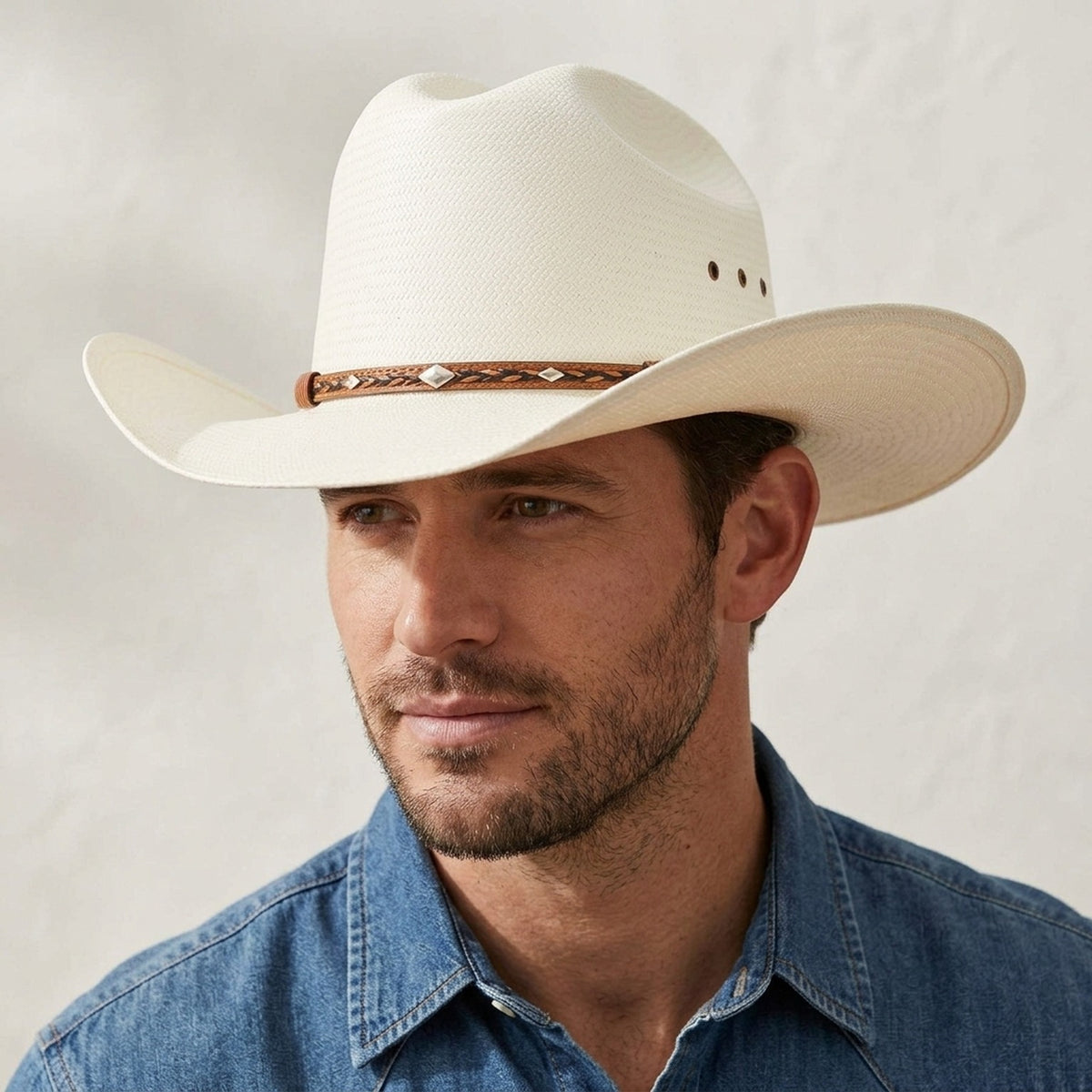 Unisex White Straw Cowboy Hat with Diamond Concho Leather Band