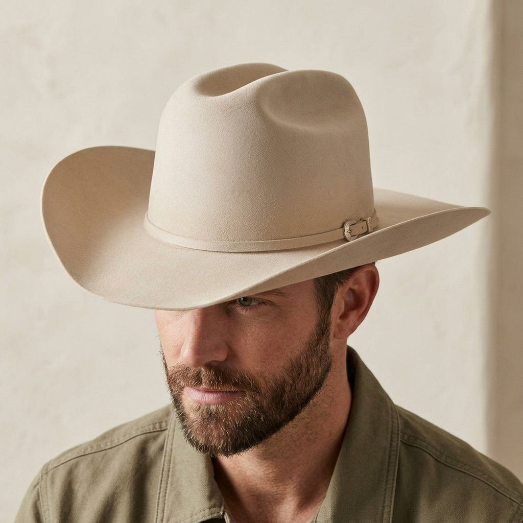 Unisex Cream Wool Felt Cowboy Hat with Leather Band