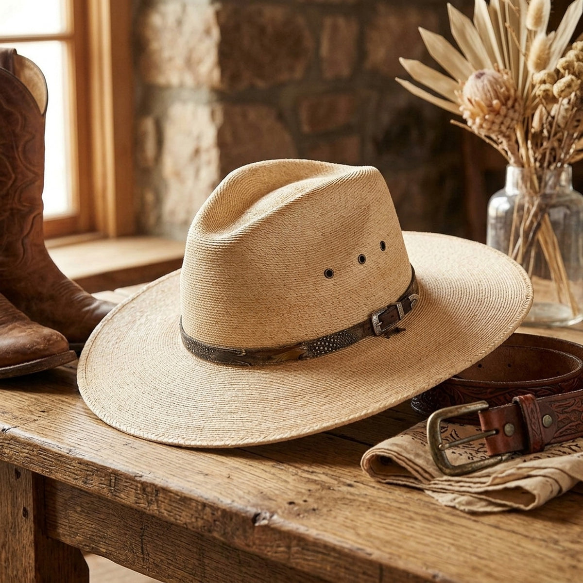 Natural Tan Straw Sun Hat with Simple Leather Band