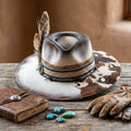 Grey Boho Fedora with Cowhide Patch and Turquoise Bead Accents