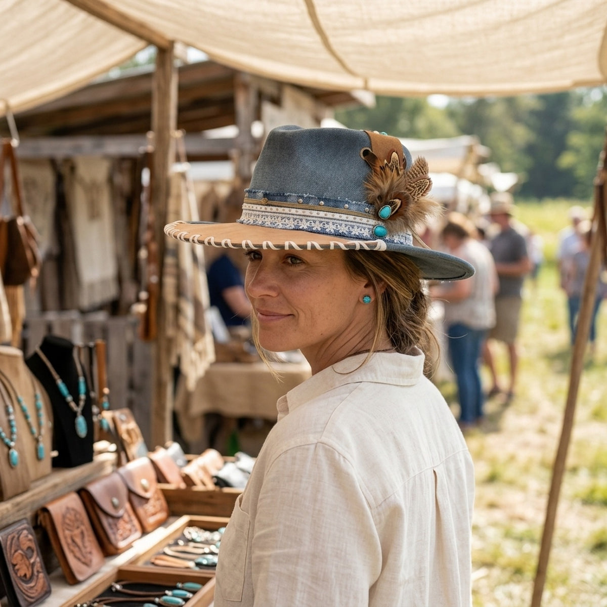 Teal Wide-Brim Western Hat with Leather Patch and Feather Cluster